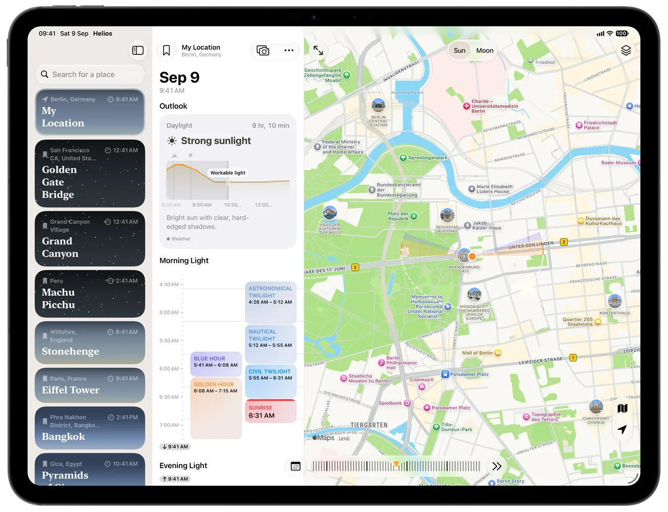 Saved places, forecast and map side by side on iPad