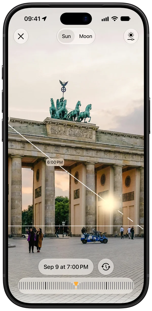 AR viewfinder showing the sun's path over the Brandenburg Gate