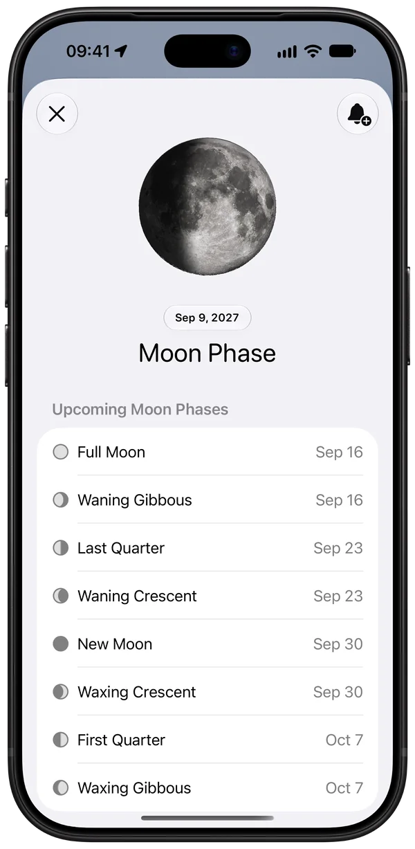 Moon phase details with upcoming phases